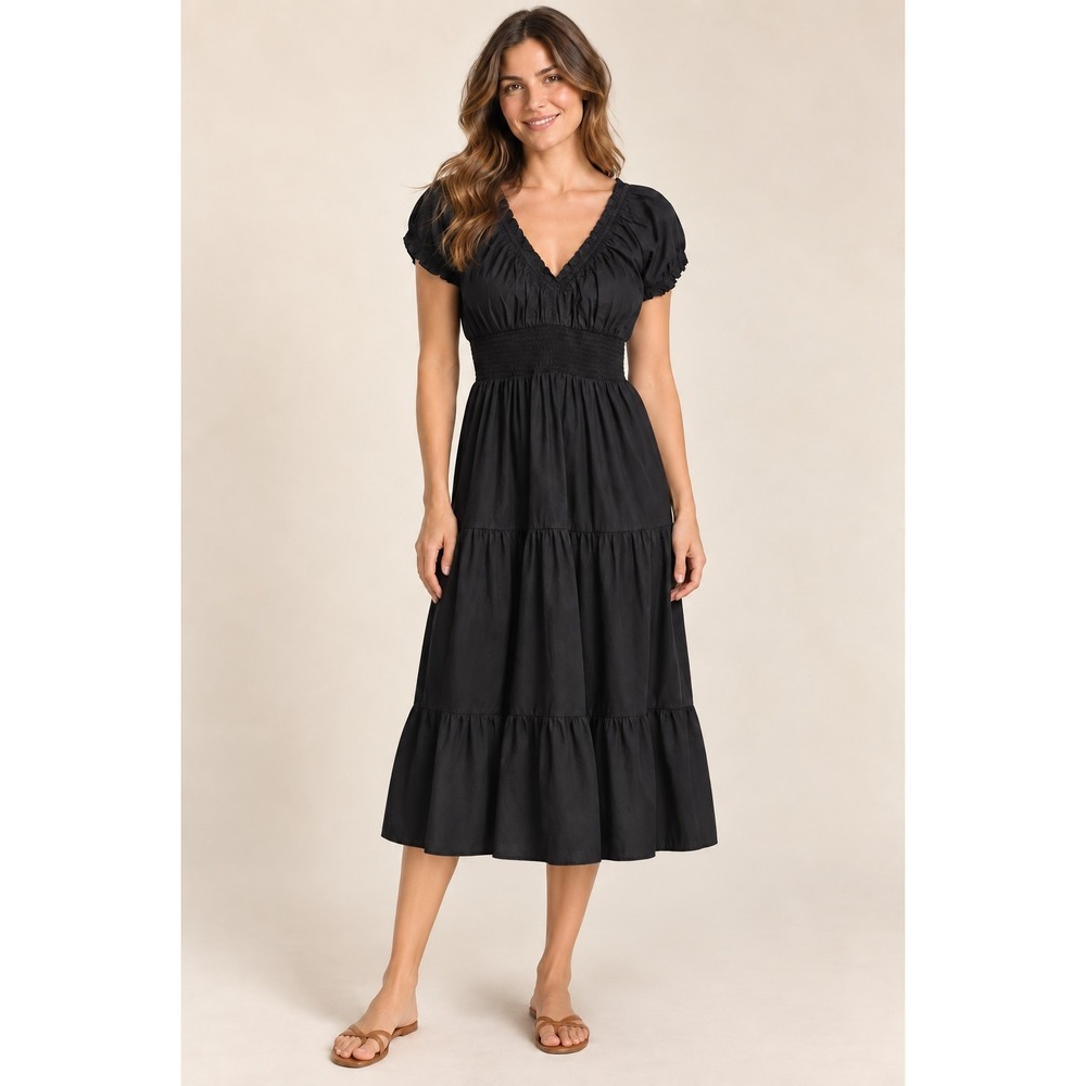 Abercrombie & Fitch Women's Black Cotton Smocked Waist Tiered Midi Dress Size M